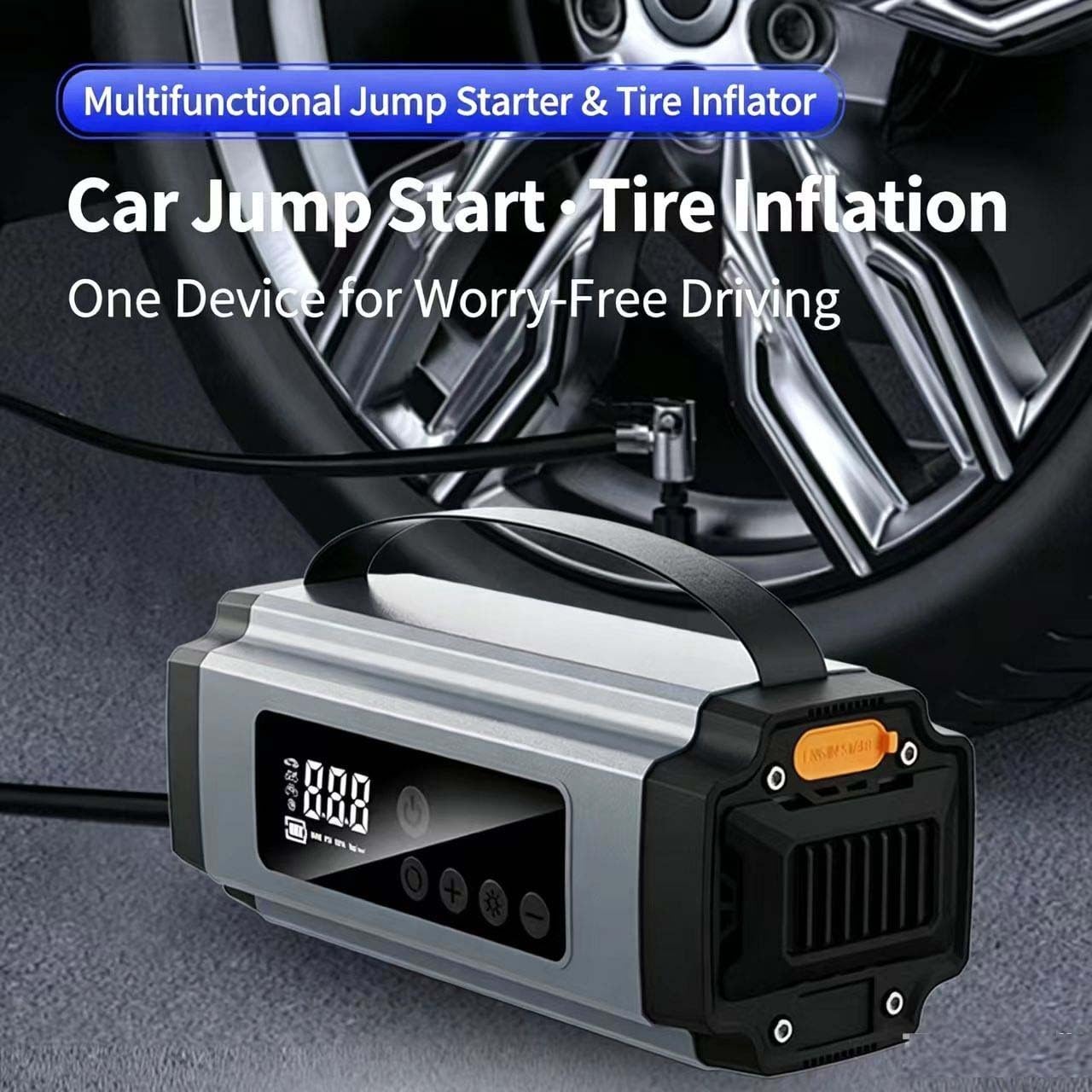 Jump Starter 600A Compressore D'aria 150PSI Auto per batteria Jump(6000mAh) | Corrente di picco 600 A, avvia motori a benzina/diesel, pressione massima 150 PSI, luce LED, ricarica USB-C