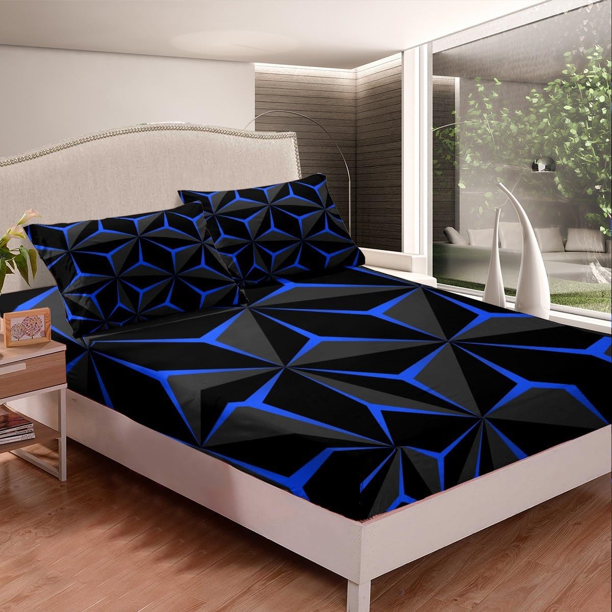 Feelyou Neon Honeycomb Sheet Set King Size,Geometric Stereoscopic Theme Teens Boys Bedding Set,Adults Bedroom Decoration 3D Blue Print Fitted Sheet All Season