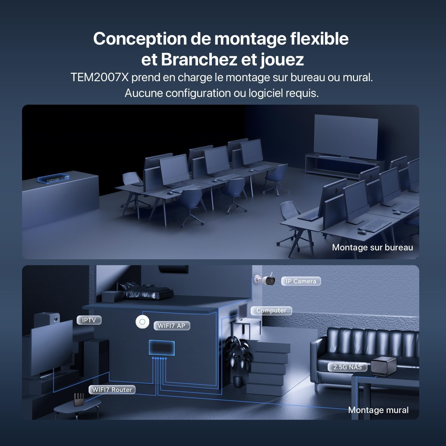 Tenda TEM2007X Switch 2.5G 5 Ports (2 SFP+ 10G, Non Géré) | Switch Ethernet 2.5G 5 ports + 2 SFP+ 10G, VLAN, agrégation statique, plug & play, métal, noir