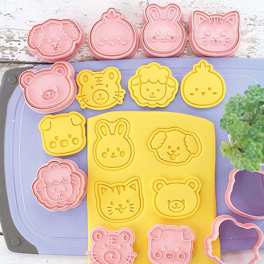 8 Mini Animal Cookie Cutters Set, 3D Raised Design Animal Embossing Stamps, Bear, Pig, Chicken, Dog, Rabbit, Sheep, Tiger, Cat, Baking Molds (Forest-4)