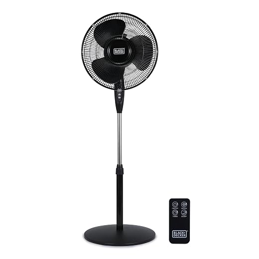 BLACK+DECKER 16" Standing Oscillating Pedestal Fan with Remote, 90-Degree Oscillation, 3 Speed Settings, Adjustable Height, Timer, 30-Degree Tilt, BFSR16B, Black