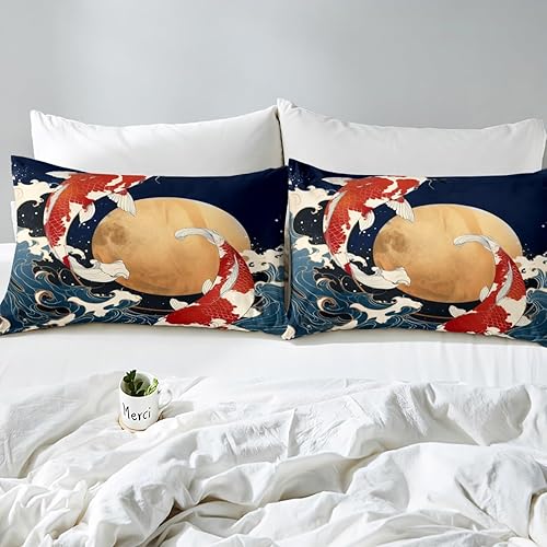 Miniatura 4 de Juego de sábanas japonesas Ukiyoe para niños, diseño oriental de olas oceánicas con bolsillo profundo, sábana bajera ajustable para niños y niñas,