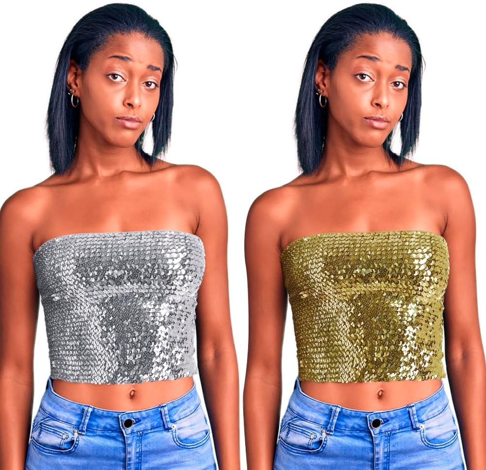 2 Pcs Womens Sparkly Sequin Mermaid Crop Tops Strapless Metallic Tube Tops for Cosplay Party Clubwear