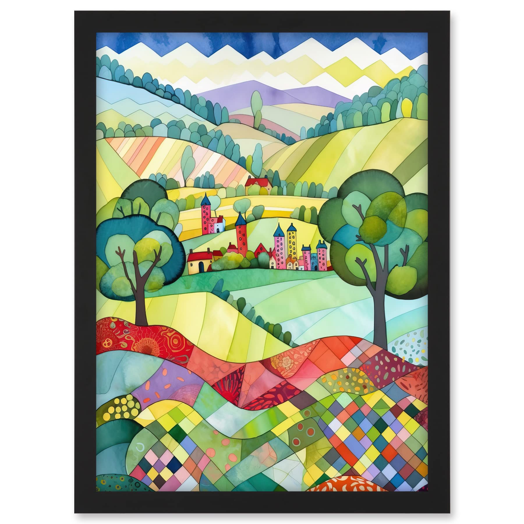 Artery8 English Countryside Rural Landscape Folk Art Watercolour Painting Artwork Framed A3 Wall Art Print
