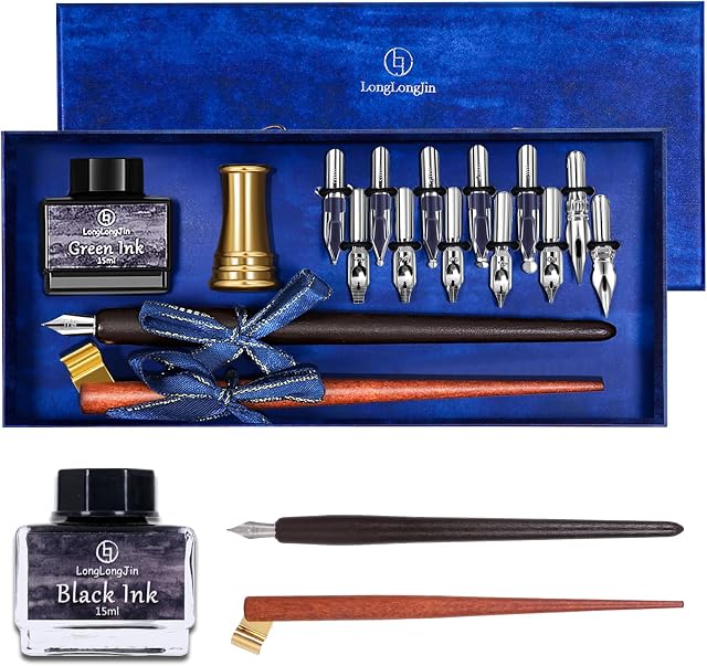 Calligraphy Fountain Pen Set-wooden Calligraphy Pen Ink Set for Beginners Handcrafted Dip Pen,wooden Calligraphy Oblique Dip Pen Ink Set,15ml Ink, Brass Pen Holder and 12 Different Pen Tips