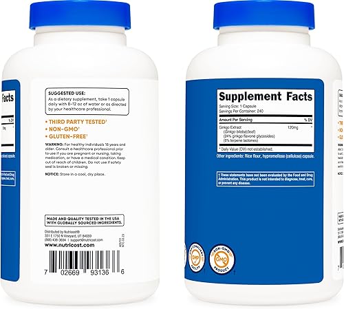 Miniatura 8 de Envase de 00042 onzas con 240 cápsulas de Ginkgo Biloba marca Nutricost 1 botella 1