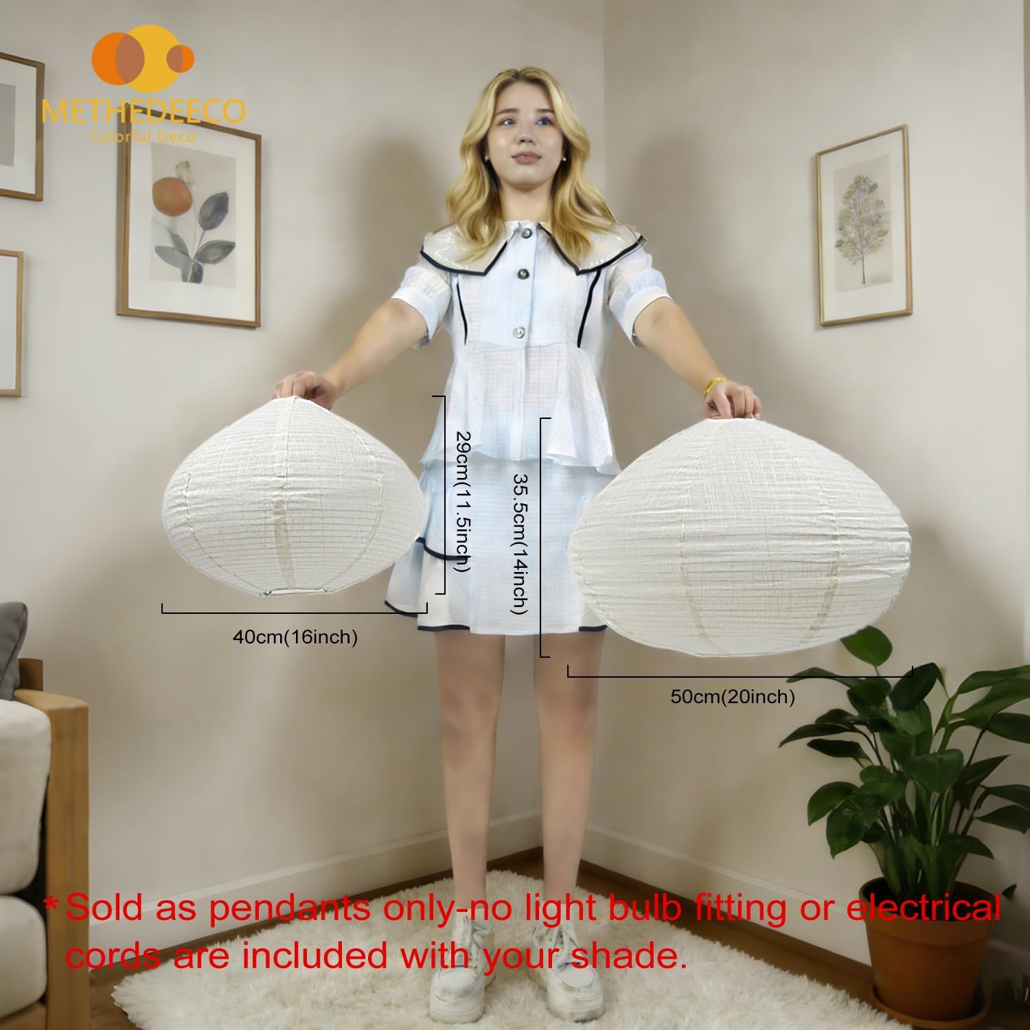 2PCS 20" Handmade Linen Pendant Light Shades – Foldable Fabric Lampshades, Minimalist Beige & White Hanging Lanterns for Bedroom, Living Room, Kitchen Island, Window Display & Gift