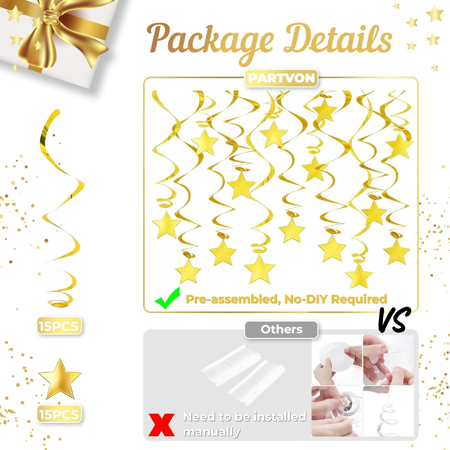Gold Hanging Swirl Decorations - 30 Pack Metallic Ceiling Swirls with Foil Stars, Plastic Streamers for Graduation, Wedding, Birthday, Easter, New Year's Eve Party Supplies image 3
