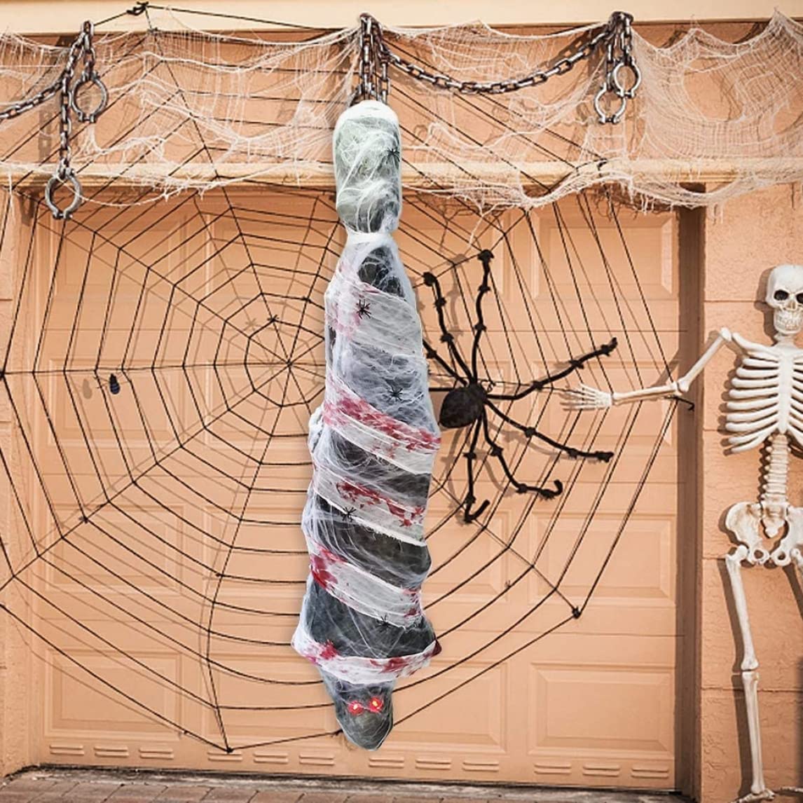 Decorazioni di Halloween 72 Decorazioni a mummia spaventose e inquietanti da appendere con occhi luminosi a LED e attivazione vocale per la casa stregata, il cortile, il soffitto.