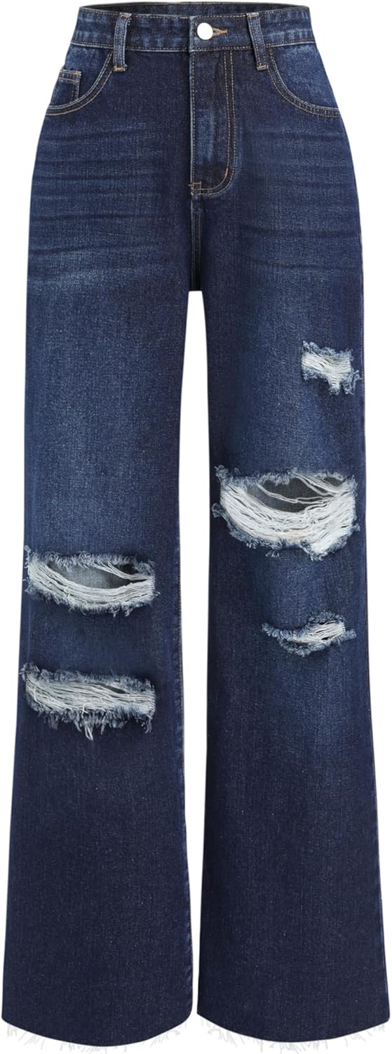 CIDER Women’s Ripped Jeans High Waisted Distressed Baggy Straight Wide Leg Pants