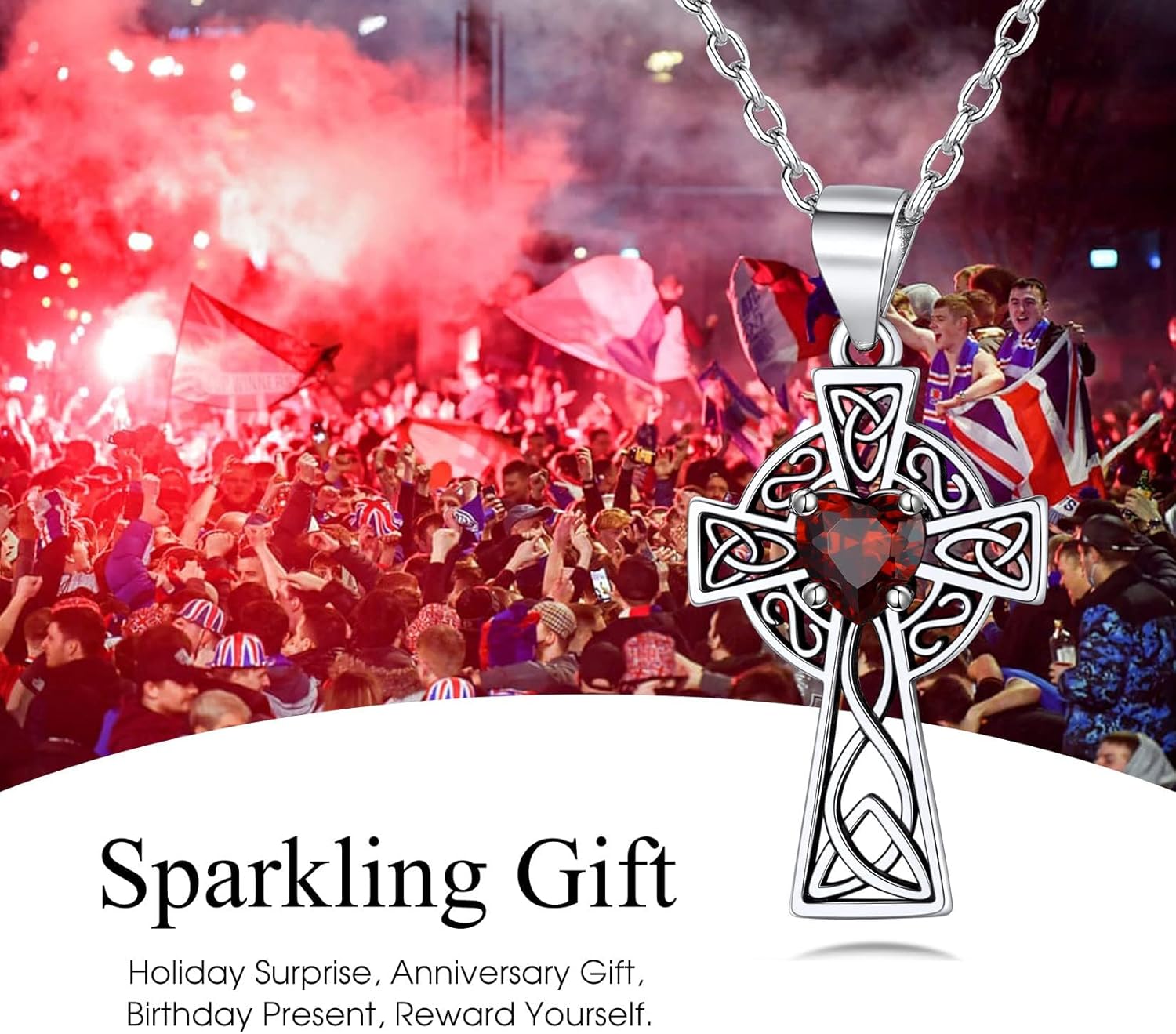 Bestyle Silver Celtic Cross Necklace with 12 Month Heart Birthstone, Dainty Celtic Birthstone Necklace Silver Chain for Women Faith Irish Amulet Lucky Birthstone Jewelry