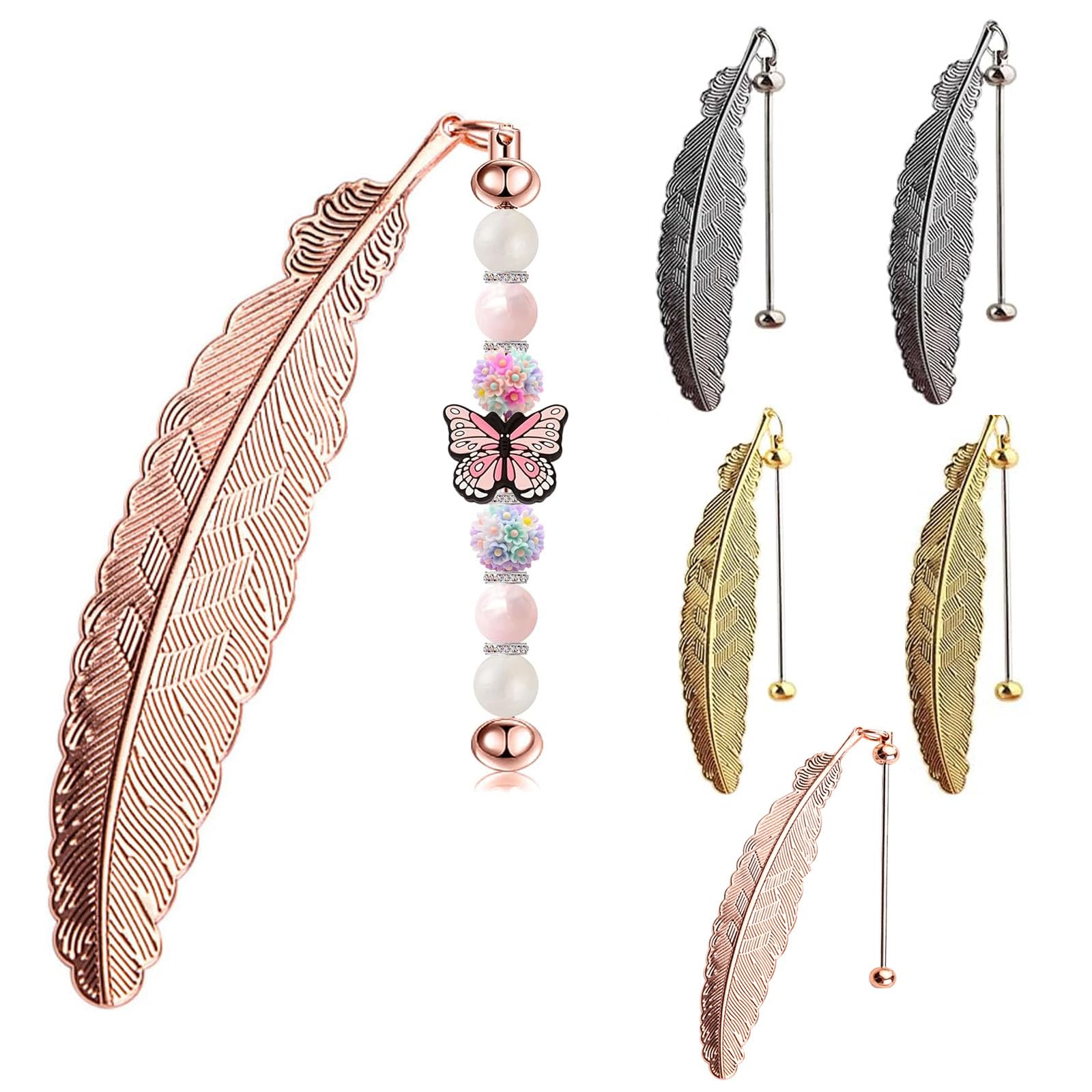 6 Pack Beadable Bookmarks Feathers Metal DIY Bookmark for Beaded Bar Bulk Blank Silicone Beads Pendants Charms Beading Book Marks Maker Craft for Book