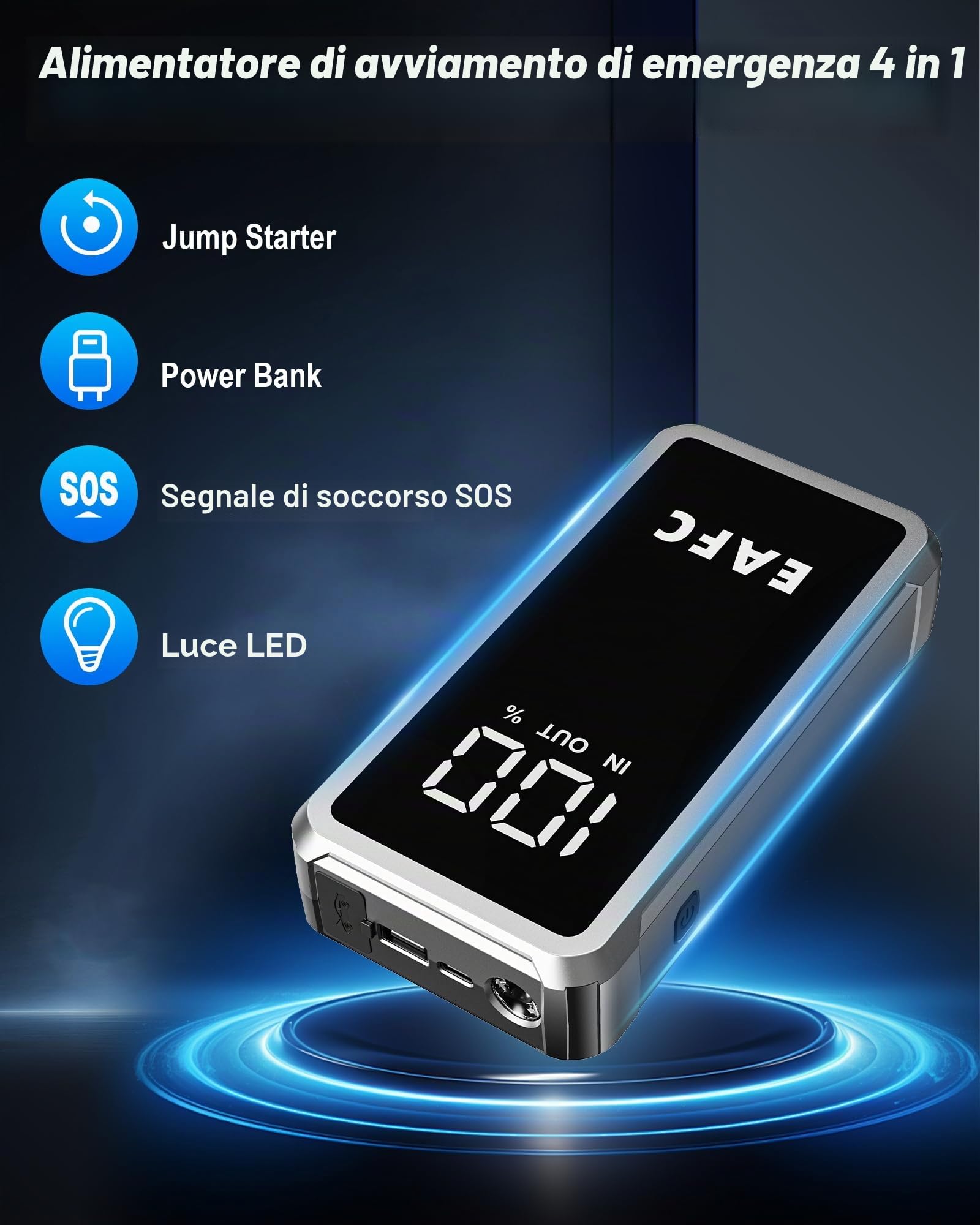 Avviatore di emergenza per auto, 5000 A, 12 V, batteria portatile (10 l gas/6 l diesel) con cavi di avviamento intelligenti, torcia LED e accessori completi, per auto, furgoni e moto, ecc