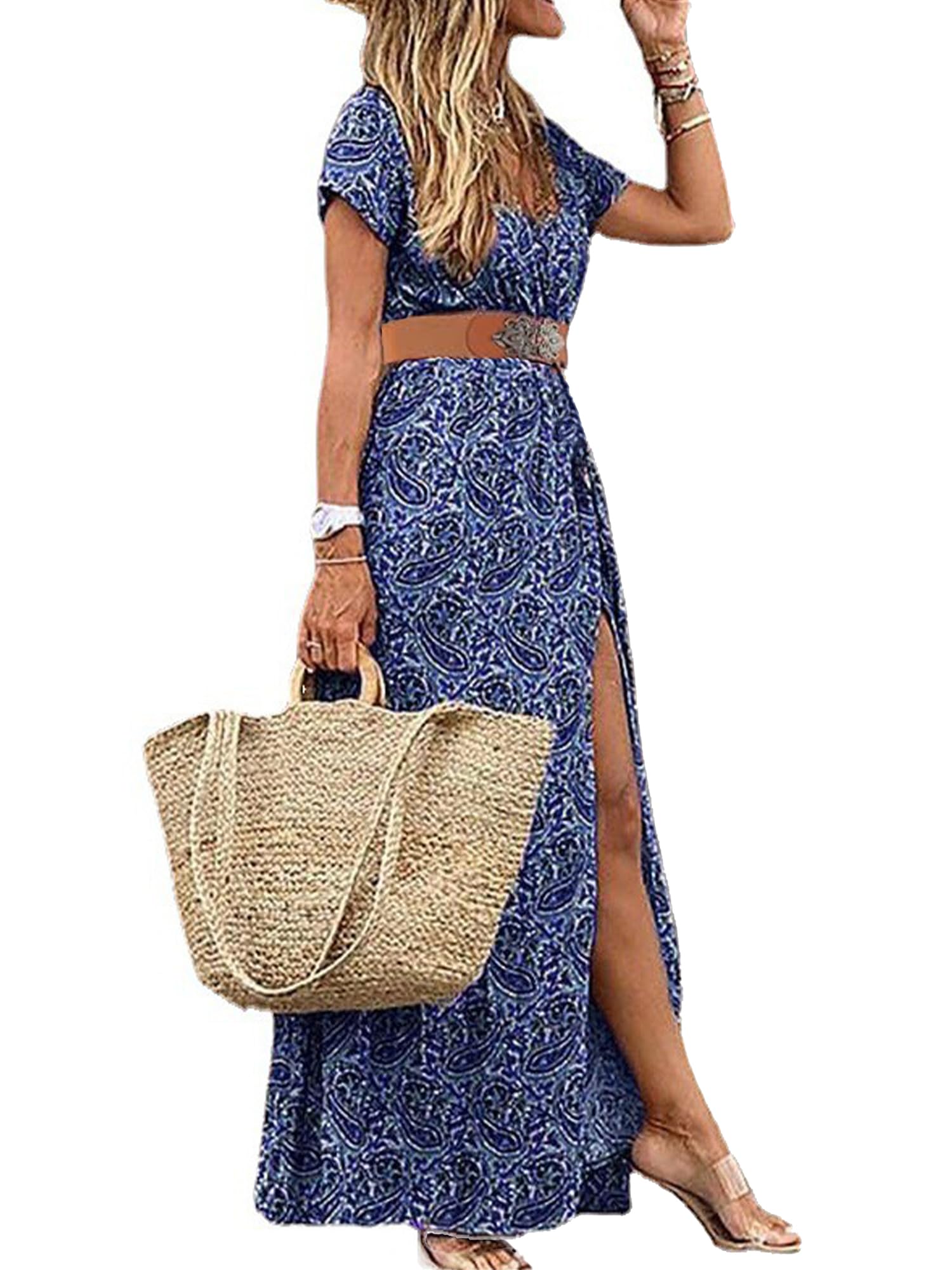Woolicity Women's 2024 Floral Summer Dress Bohemian Maxi Dresses Wrap V Neck Belted Midi Long Sun Dresses