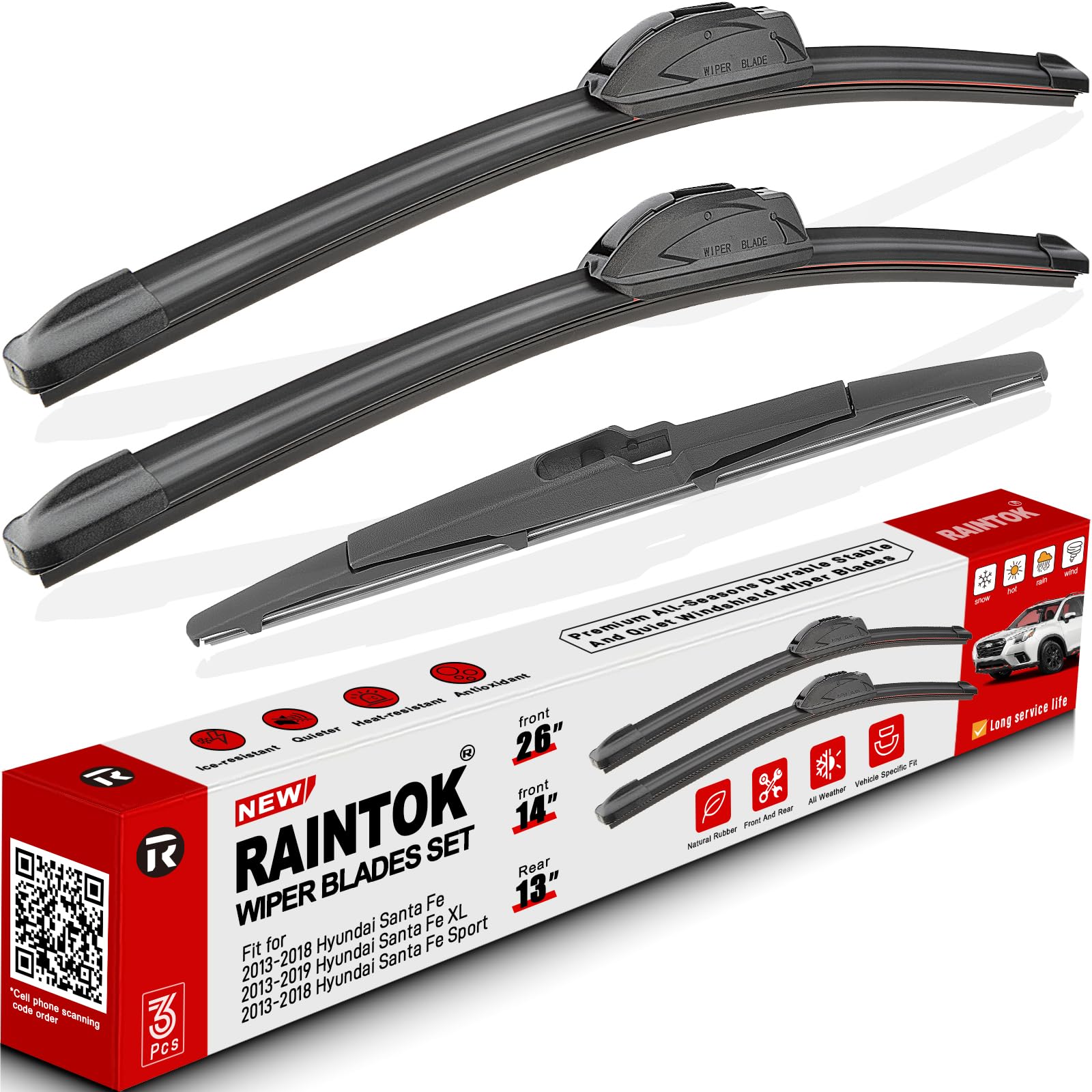 Windshield Wiper Blades Replacement for Hyundai Santa Fe 2013 2014 2015 2016 2017 2018 Hyundai Santa Fe XL Sport Original Factory Quality Front Rear Wipers Blade Set - 26" 14" 13" (Pack of 3)
