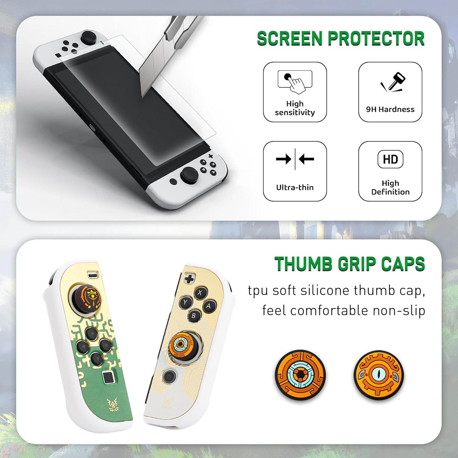 GLDRAM Theme for Zelda Protective Case Compatible with Nintendo Switch OLED, Anti-Scratch Accessories Bundle for Tears of the Kingdom with Dockable Switch OLED Skin Cover, Screen Protector & Thumb Cap