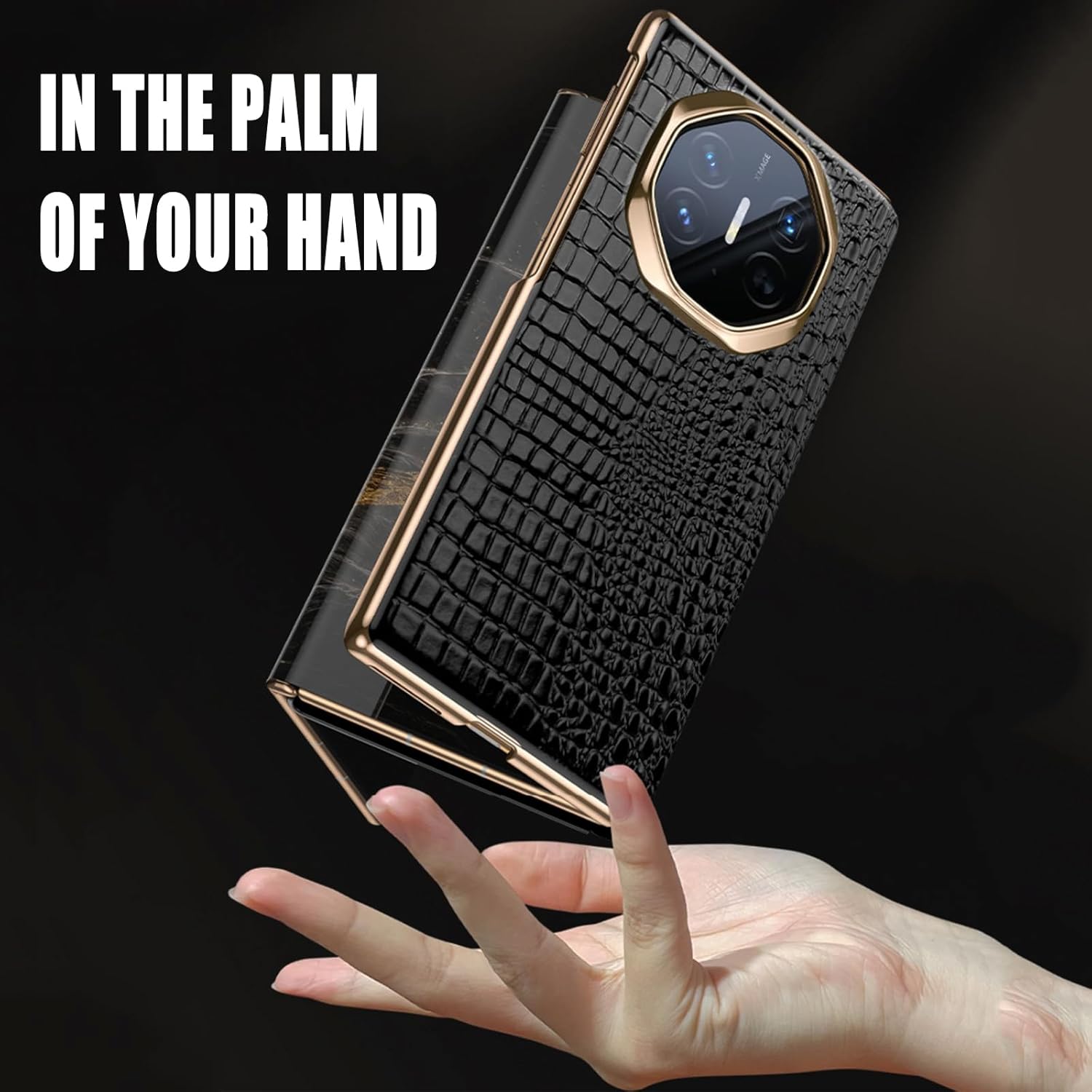 Genuine Leather Case for Huawei Mate XT, Luxury Electroplated Crocodile Pattern Flip Cover Smart Viewing Window All-Inclusive Phone Case,Black