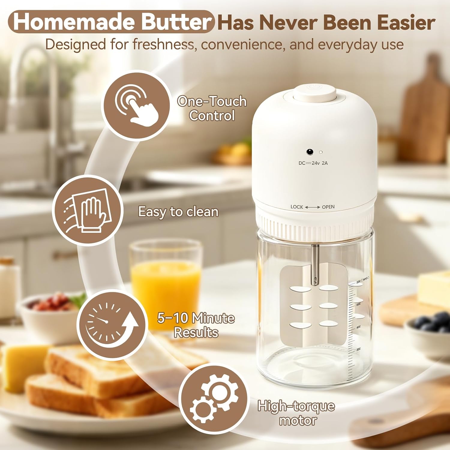 Electric Butter Churner, 34oz Glass Jar Butter Maker in 5–10 Mins