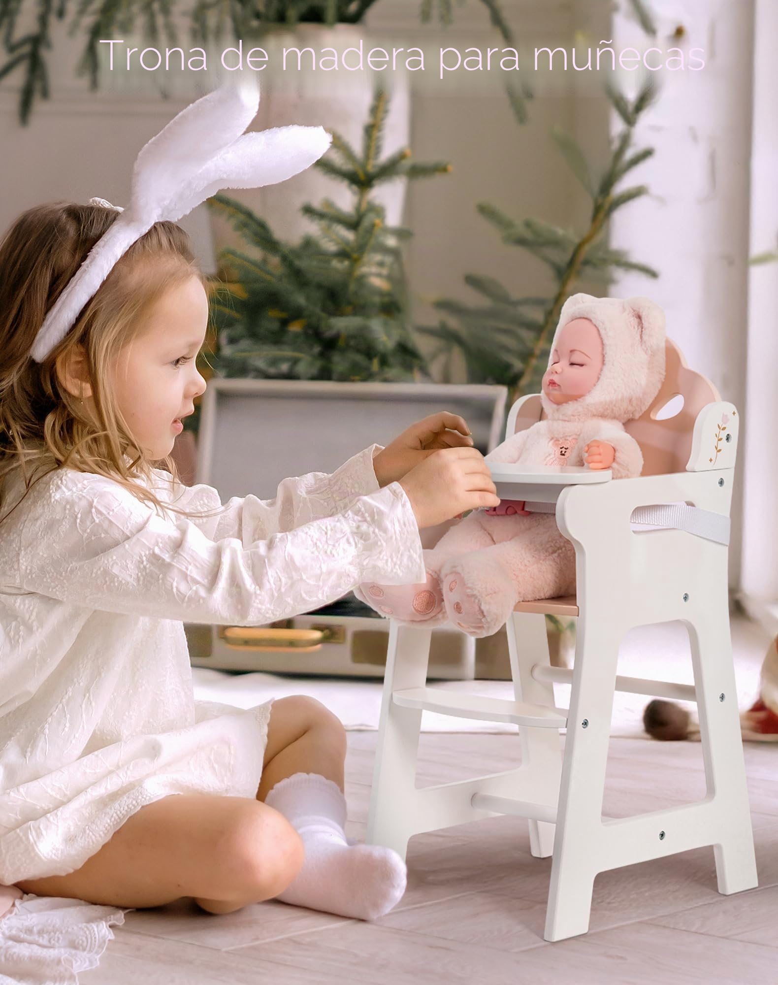 ROBUD Silla Alta para Muñecas, Silla Alta de Madera para Jugar con Cinturón de Seguridad Ajustable, Robusto Mueble para Muñecas con Tablero Movible, Apto para Muñecas de hasta 18 Pulgadas, Blanco