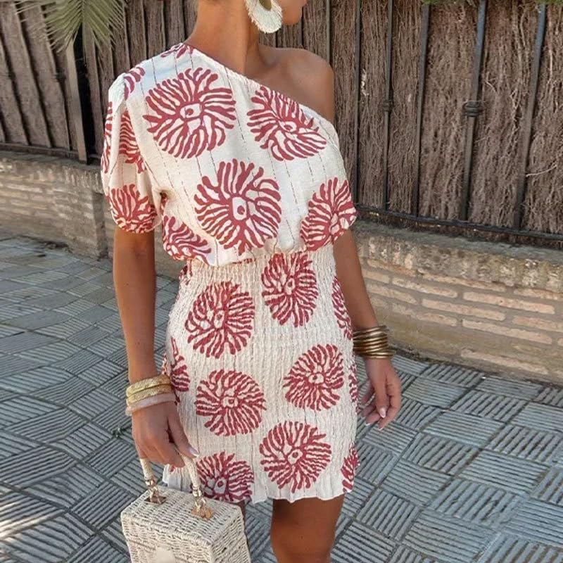 Women's One Shoulder Puff Sleeve Ruched Bodycon Mini Dress, Red Abstract Floral Print Summer Casual Dress