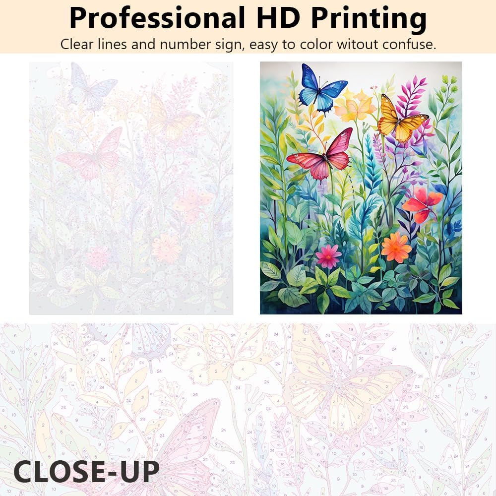 TUMOVO Butterfly Paint by Numbers Adult Kit, Butterflies and Flowers Watercolor Painting, Paint by Number Perfect for Gift Home Wall Decor 16x20 Inch (Without Frame)