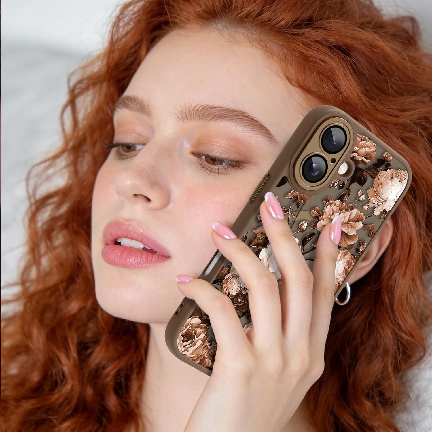 Magnetic for iPhone 17 Case, Compatible with Magsafe, Pretty Rose Peony Floral Pattern for Women Girls, Full Camera Protection, Translucent Matte Phone Cover, Brown