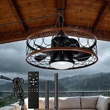 20 inch Outdoor Caged Ceiling Fan with Light for Patios Waterproof | Farmhouse Fandelier ,5" 8" Downrod, 6 Speeds ,Reversible, 3CCT Dimmable,for Porch, black