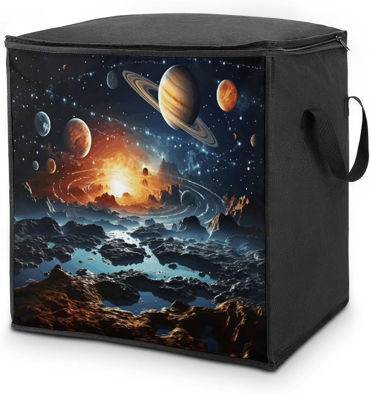 Planets Stars And Milky Way Galaxy Storage Bag with Zippers And Handle Extra Large Bedding Comforter Storage Bag Foldable Blanket Storage Bags Fabric Moving Bags for Closet Organizer (70L)