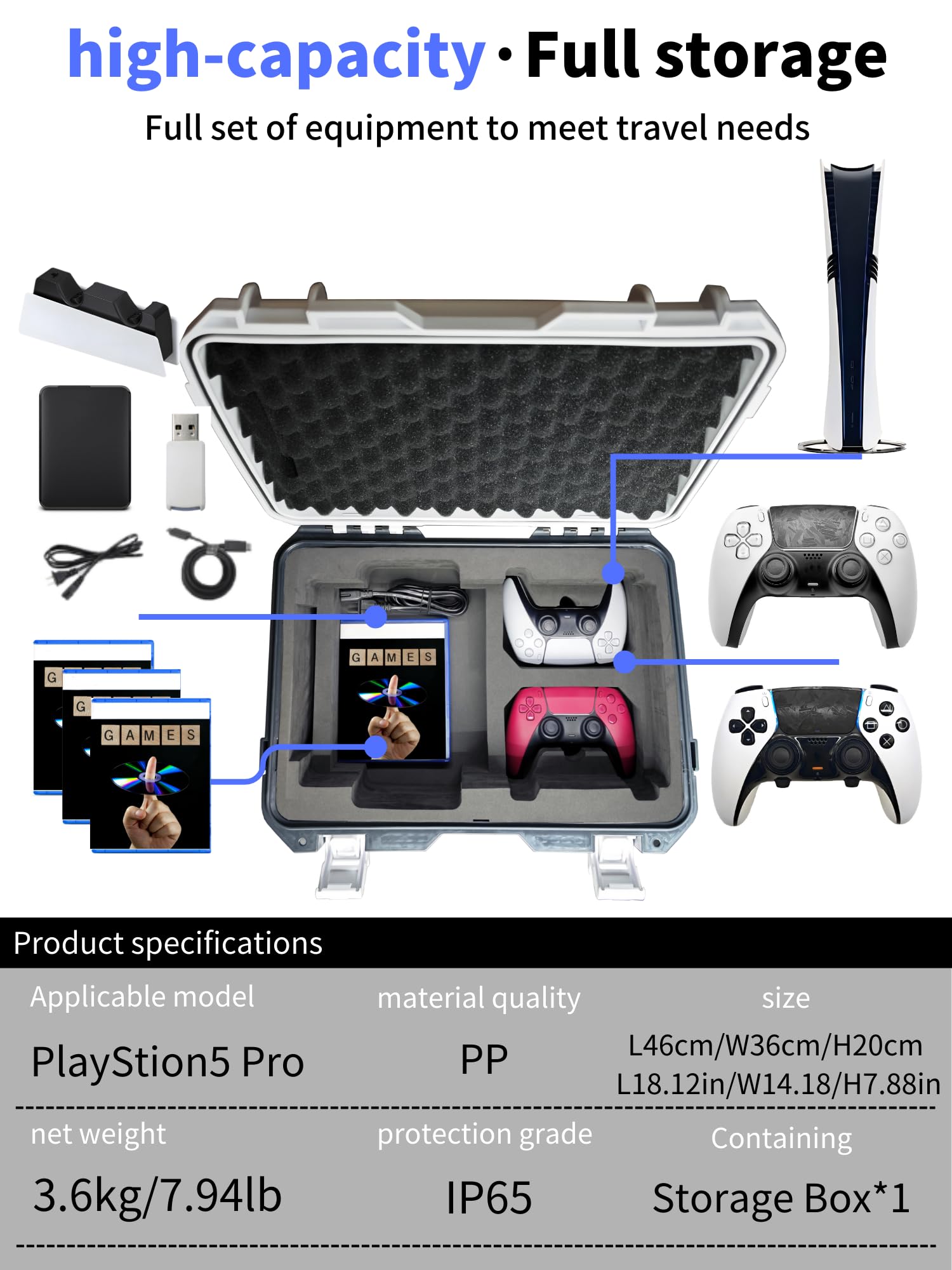 Custodia rigida da viaggio compatibile con console PlayStation 5 Pro, controller, accessori, custodia impermeabile per PS5 Pro con schiuma personalizzata per edizioni standard e digitali (bianco e