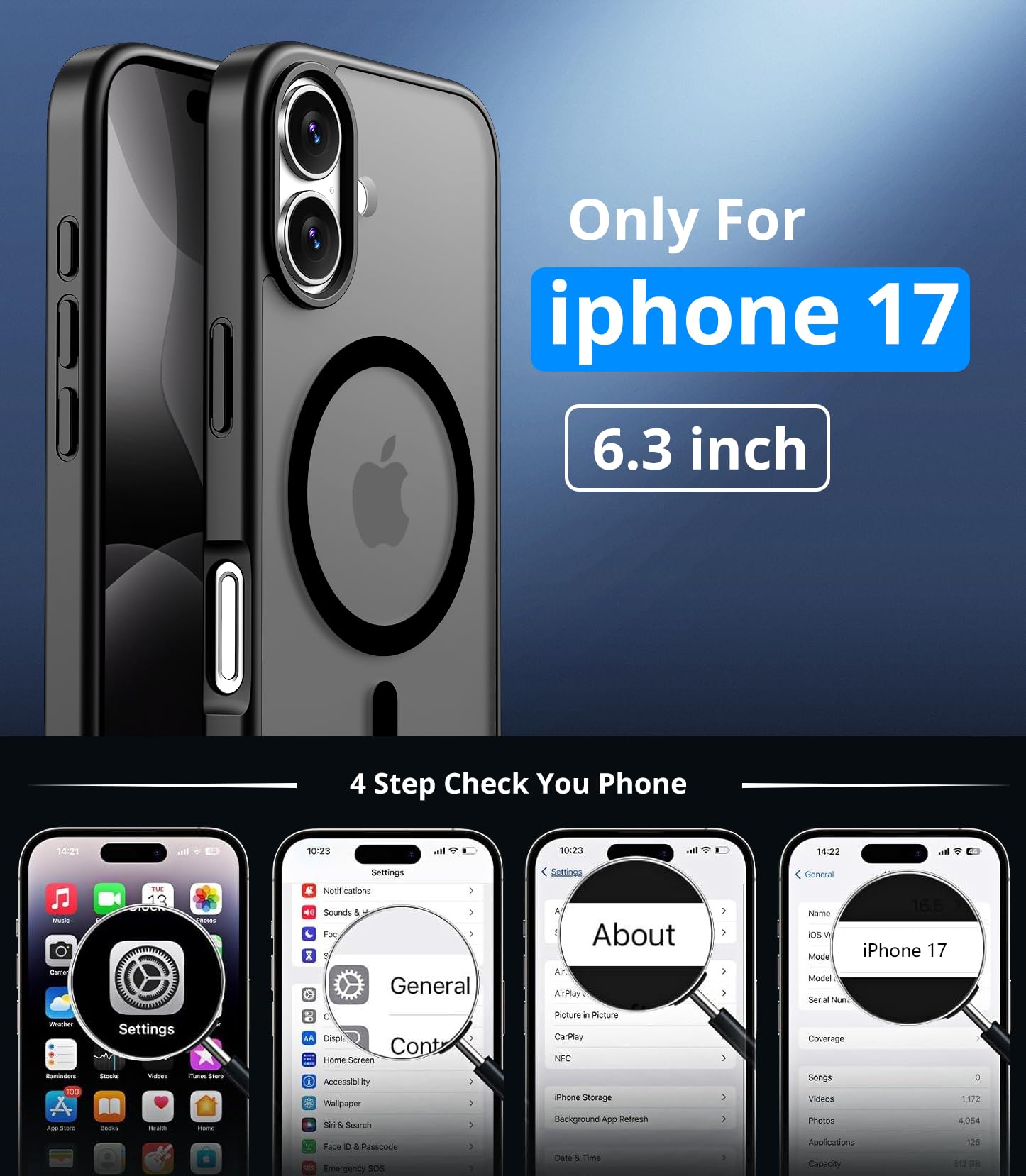 Vansdon Cover Magnetica per iPhone 17 con 1 Pezzi Vetro Temperato, Compatibile con Magsafe, Protezione anticaduta di livello militare, Custodia Traslucida Opaca Sottile Antiurto-Nero