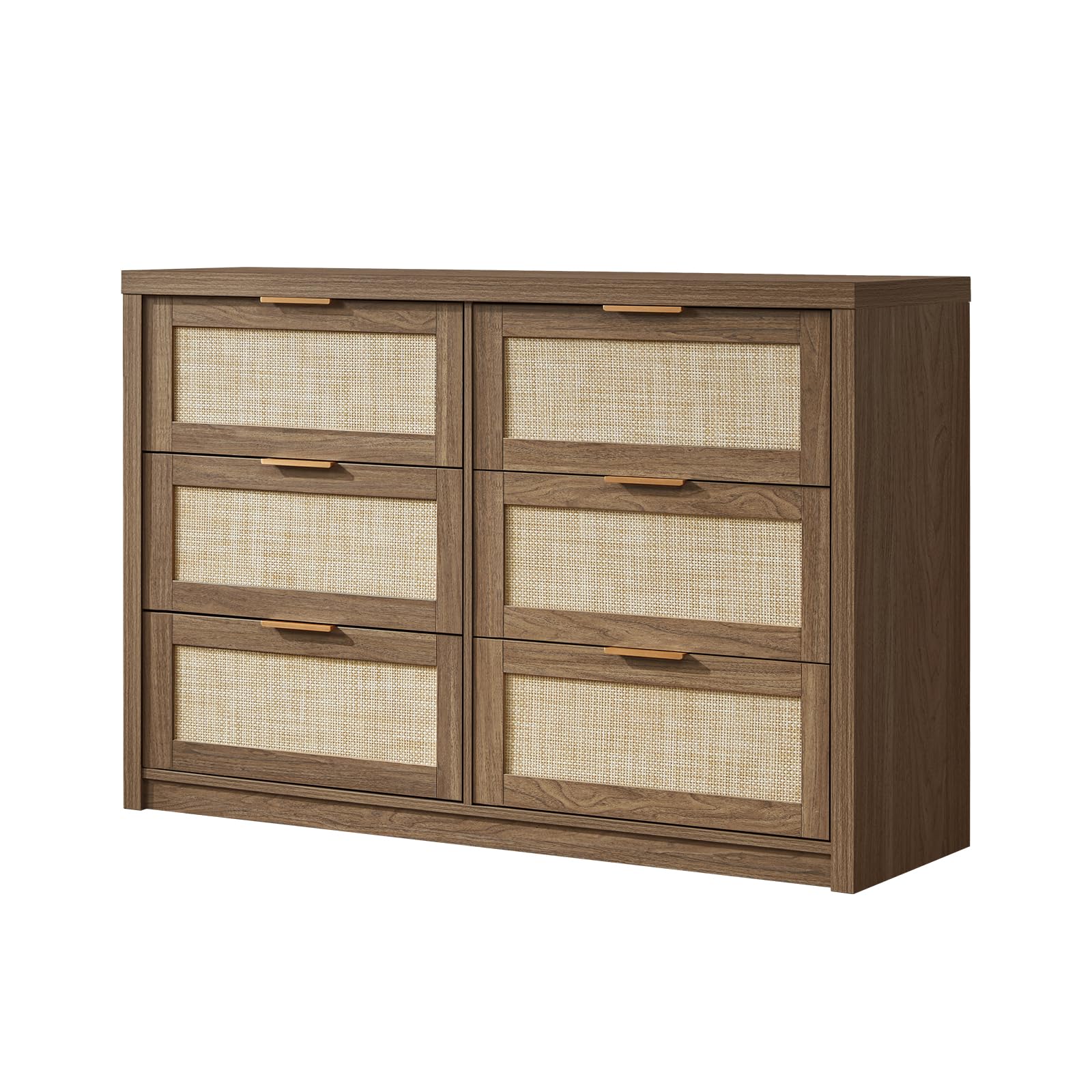 OAKHAM HOMEHampstead Dresser for Bedroom, Rattan 6 Drawer Dresser, Boho Chest of Drawers, Wood Closet Dresser TV Stand for Living Room Hallway, 47.24" W x 15.43" D x 31.69" H