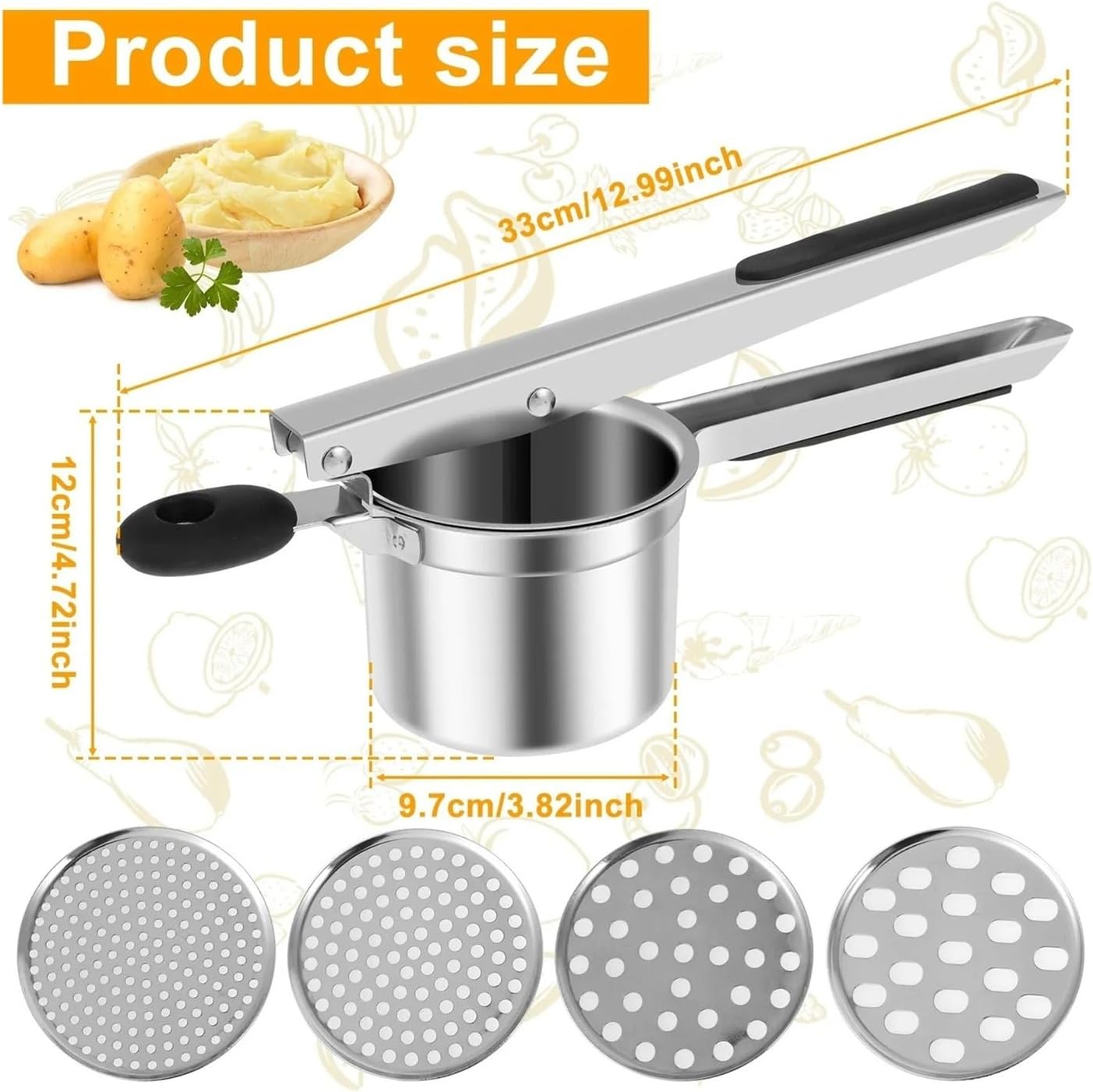 Stainless Steel Manual Food Press with 4 Interchangeable Discs for Fruits and Vegetables