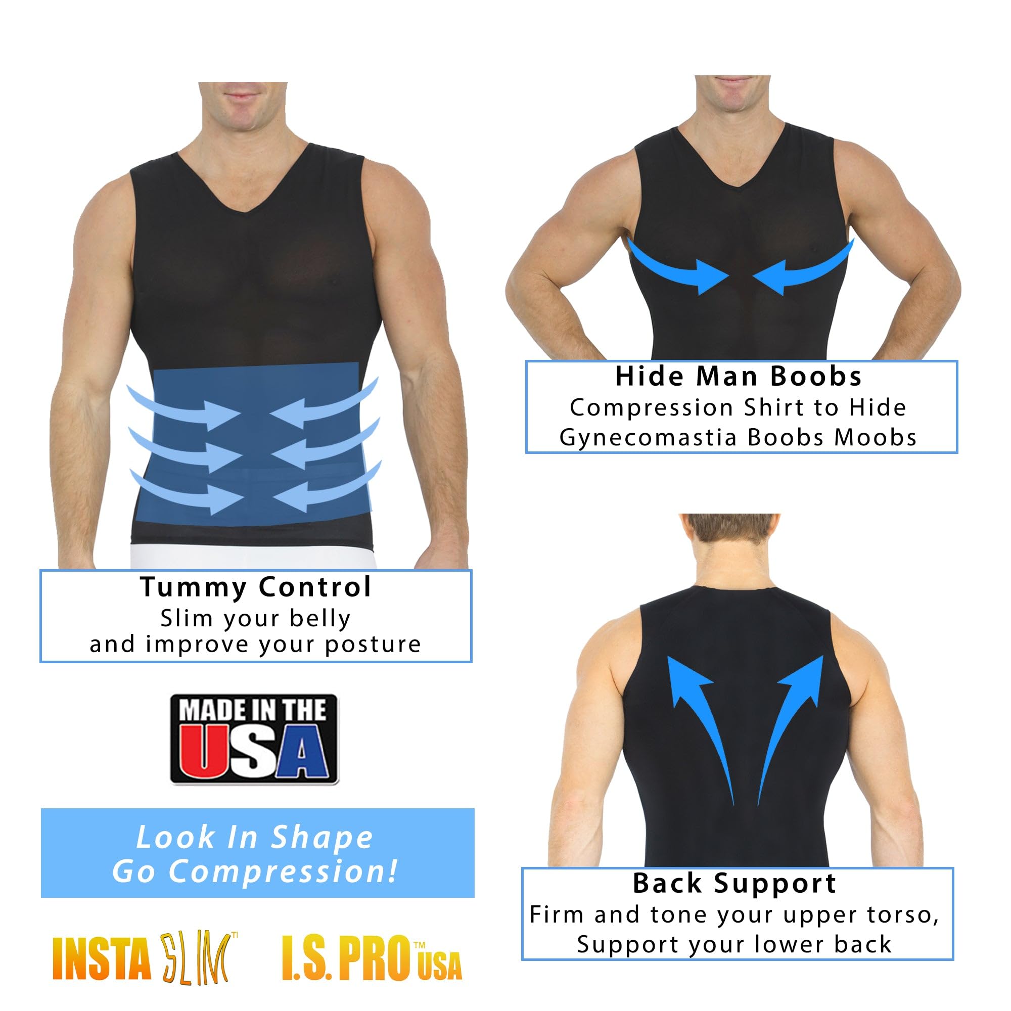 Insta Slim Camiseta de compresión sin mangas con cuello en V para hombre, camiseta interior adelgazante