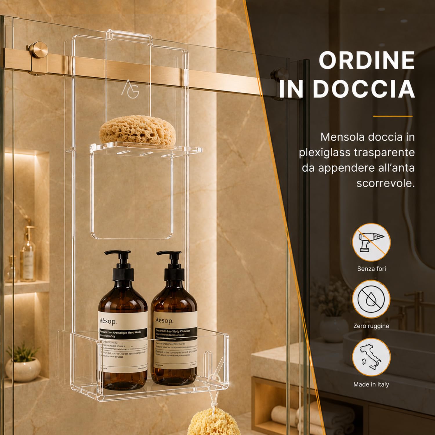 Agplex doccia Portasapone per anta scorrevole senza foratura - Solo per cabine doccia con scorrevole aperto - Facile installazione