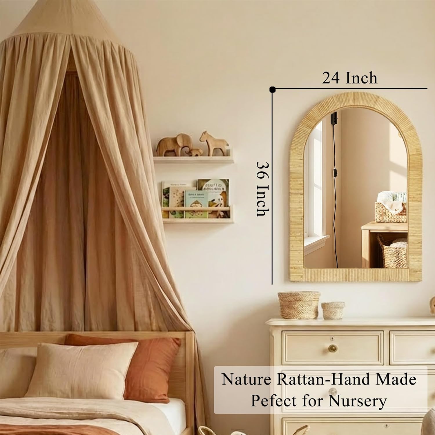 Decorative Rattan Wall Mirror, Boho Bathroom Modern Makeup Mirror, Rustic Wall Bohemia Mirrors for Bedroom, Living Room, Vanity Versatile Farmhouse, Nursery, Bathroom, 36"x24", Arched