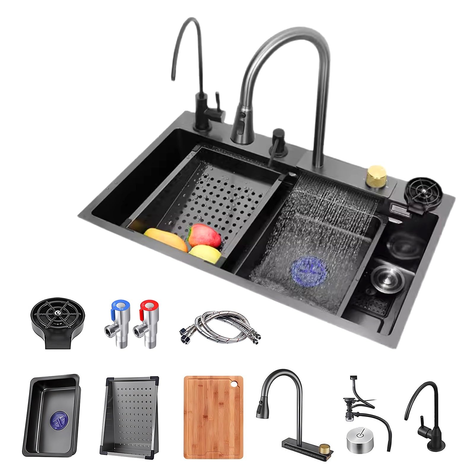 ZQFHSX Black Gray Waterfall Kitchen Sink, 304 Stainless Steel Bar Sink With Pull-out Faucet, Large Single Bowl Workstation Sinks, Family Full Set Accessories (Size : 80x45x21cm)