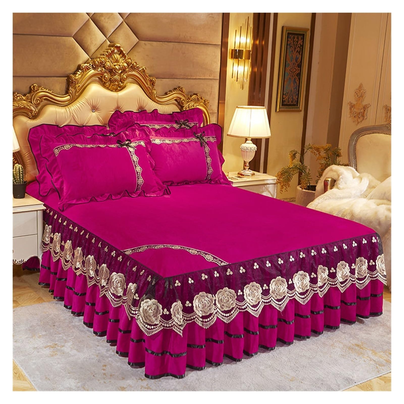 WENYOG Bed skirts Luxury Bedspread On The Bed Wedding Bed Sheet Lace Bed Cover Blanket Fabric King Queen Size Bed Skirt With Pillowcases(Rose Pink,3pcs 150x200cm)
