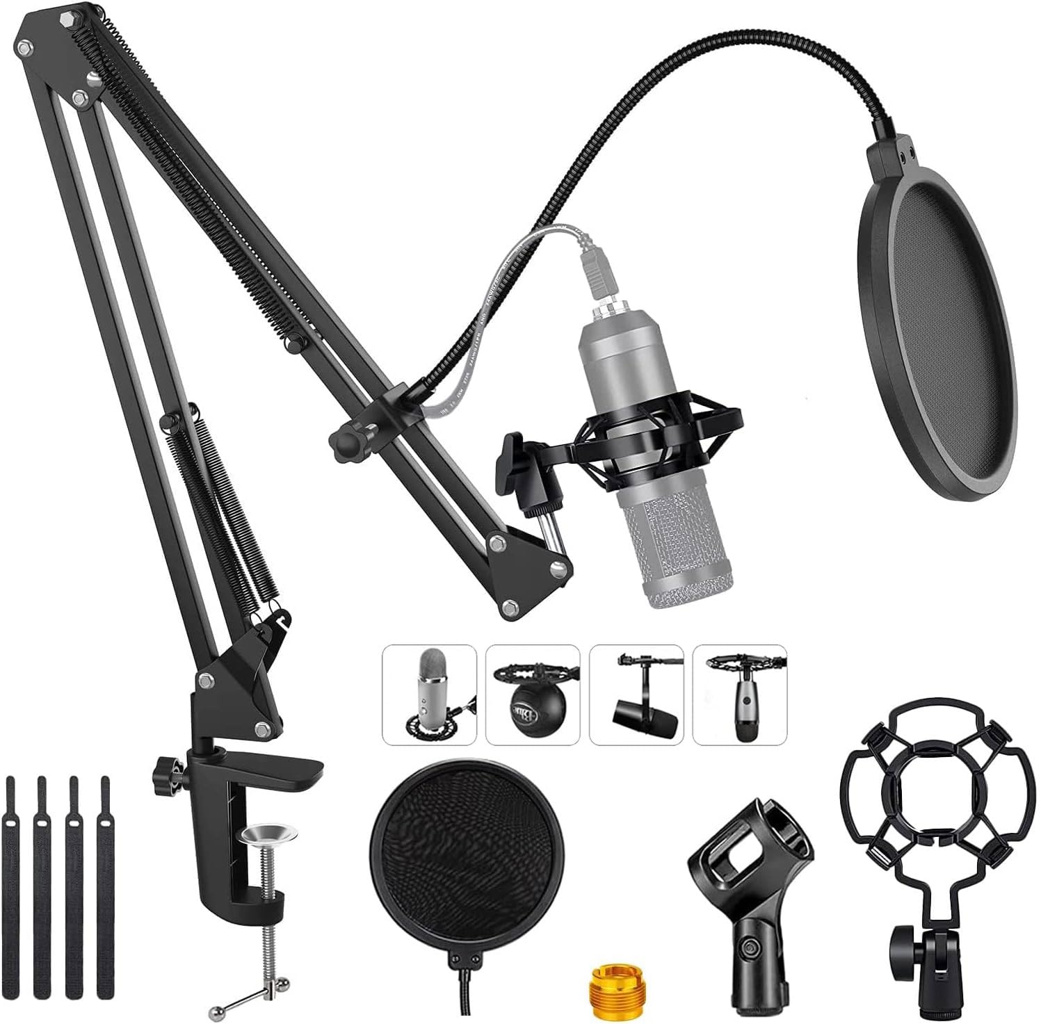 Homodoskey Microphone Arm Stand, Adjustable Suspension Boom Mic Stand with 3/8" to 5/8" Screw Adapter, Pop Filter, Mic Clip, Shock Mount，for Voice-Over Gaming Recording Podcasts Streaming