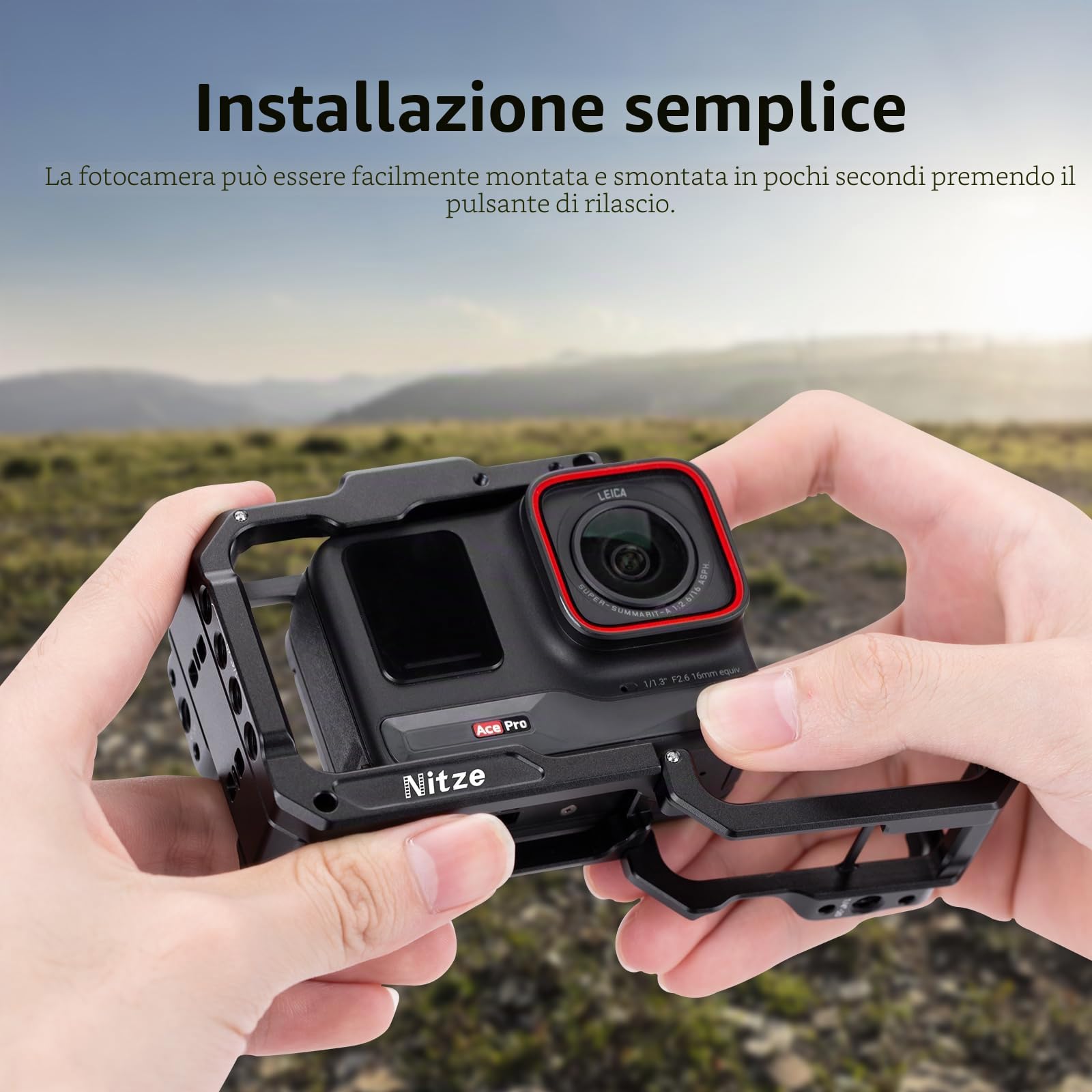 Nitze Gabbia per Insta360 Ace Pro 2/Ace Pro/Ace, Gabbia in Alluminio Verticale Orizzontale per Videocamera con Interfaccia Magnetica e Cold Shoe per Luce Video a LED - T-IN03A