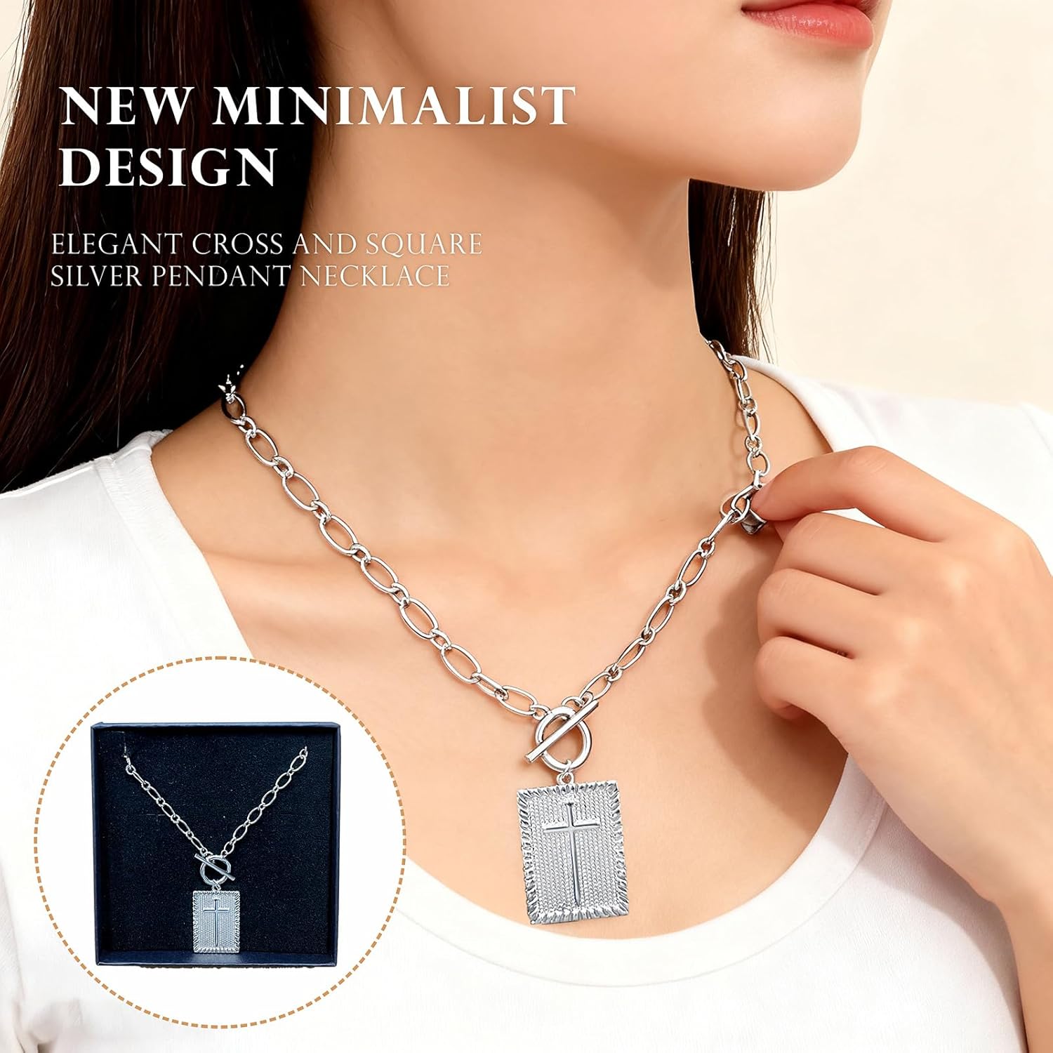 Silver Cross Necklace for Women Dainty Sterling Silver Cross Necklaces Christian Faith Religious Gifts for Women Trendy Rectangular Crucifix Pendant Toggle Clasp Necklace Baptism Daily Wear Jewelry - Image 2