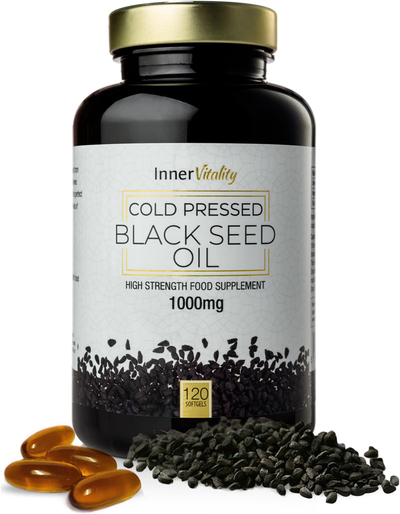 Black Seed Oil 120 Double Strength Capsules - Premium Cold Pressed Virgin Oil, High Strength Thymoquenine 3X% | 1000mg Softgels with Zero Additives (Non-GMO) Made in UK by Inner Vitality