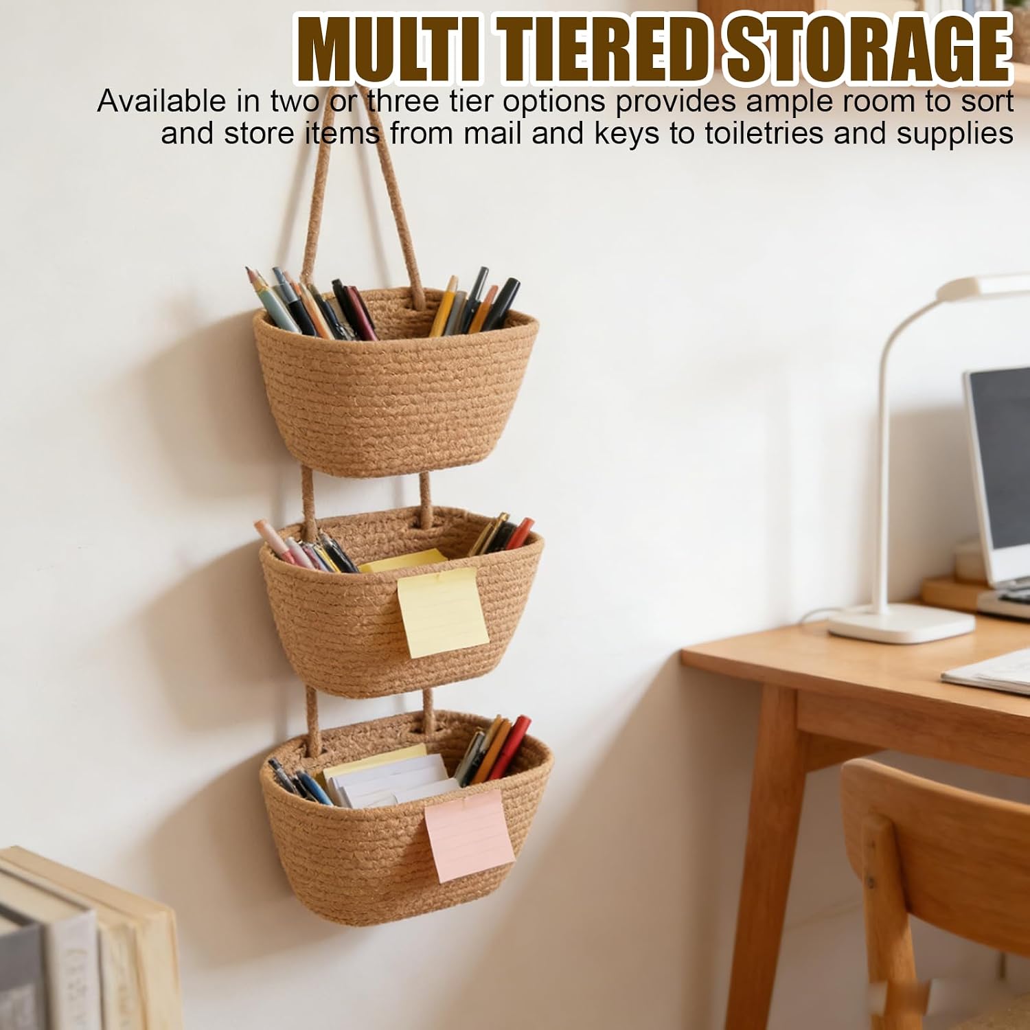 3-Tier Wall-Hanging Storage Organizer, Over the Door Hanging Basket, Woven Cotton Wall-Mounted Storage Organizer Bag for Wall, Bedroom, Bathroom (2pcs Khaki)