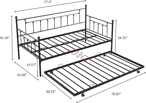 Miniatura 11 de Sofá cama de marco metálico de tamaño individual con ruedas extraíbles, soporte de sofá cama de listones de acero resistente para invitados, sofá