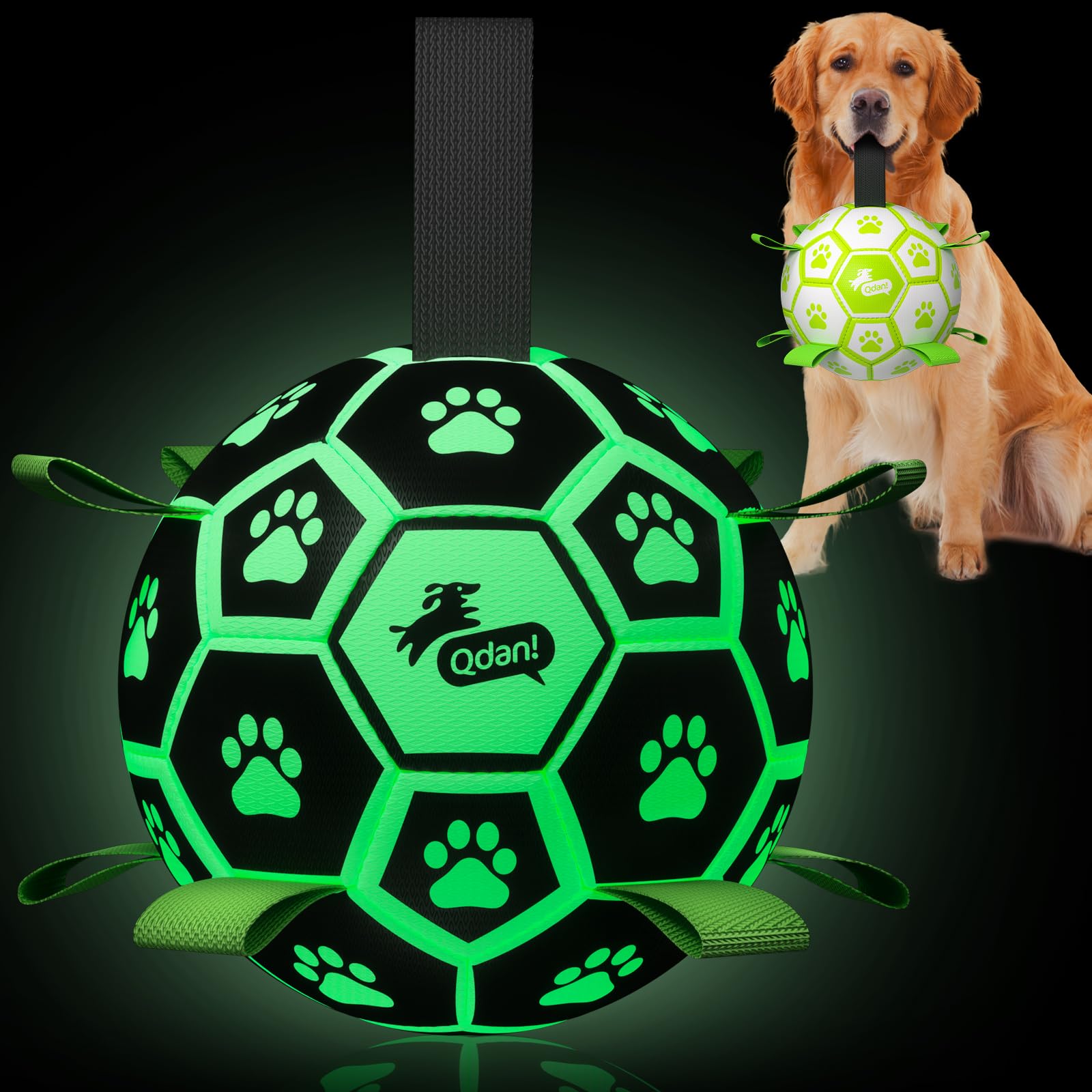 QDAN Premium Glow in The Dark Dog Toys, Dog Ball with Straps, Soccer Ball for Dogs, Outdoor Dog Toys, Pet Birthday Toys, Puppy Essentials for Medium to Large (8Inch) — image 1