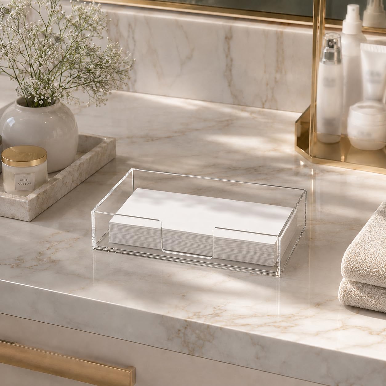 Servilletero acrílico para toallas de invitados, bandeja de almacenamiento de toallas de mano de papel transparente para baño, cocina, fiestas, bodas, dispensador de servilletas moderno vertical para