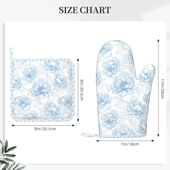 Oven Mitts and Pot Holders Flower Pastel Blue Floral Silicone Kitchen Accessories Set of 2 Heat Resistant Long Gloves Potholder Non-Slip Grip for Chef Cooking,Baking,Grilling,BBQ