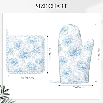 Oven Mitts and Pot Holders Flower Pastel Blue Floral Silicone Kitchen Accessories Set of 2 Heat Resistant Long Gloves Potholder Non-Slip Grip for Chef Cooking,Baking,Grilling,BBQ