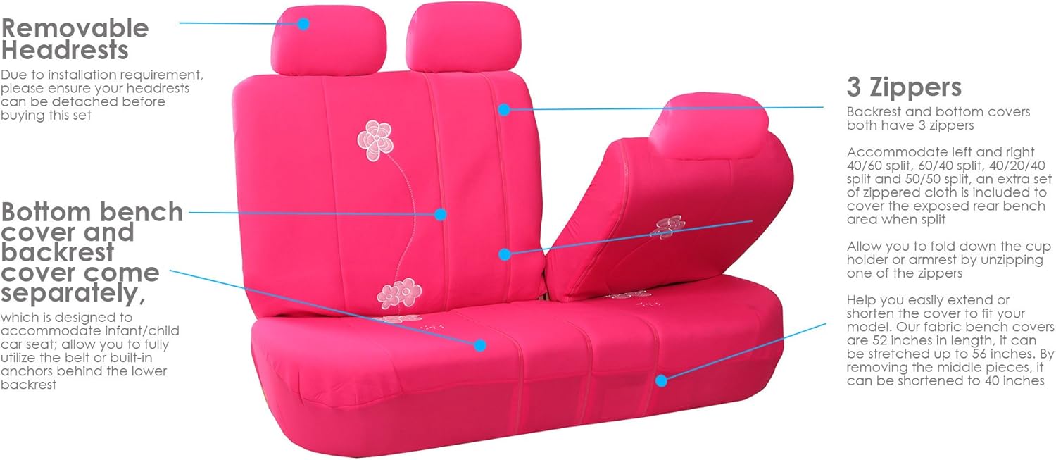 FH Group Full Set Cloth Car Seat Covers - Low Back Front Seat Covers, Universal Fit, Airbag Compatible, Split Bench Rear Seat, Washable Seat Cover for SUV, Sedan, Van, Pink