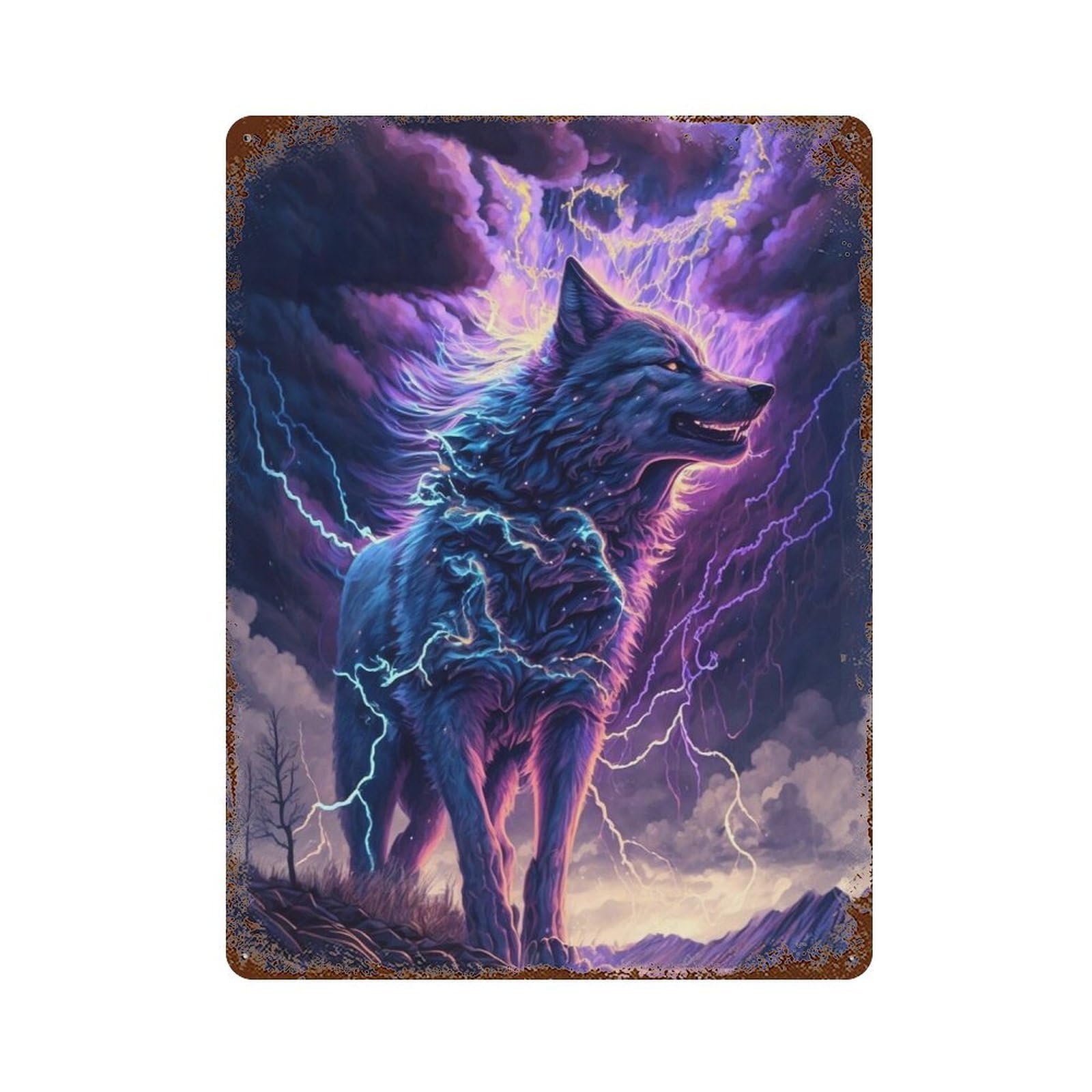 Vintage Metal Tin Sign Electric Wolf Fantasy Art 15.7"x11.8", Classic Wall Plaque for Pub, Kitchen And Man Cave Decor