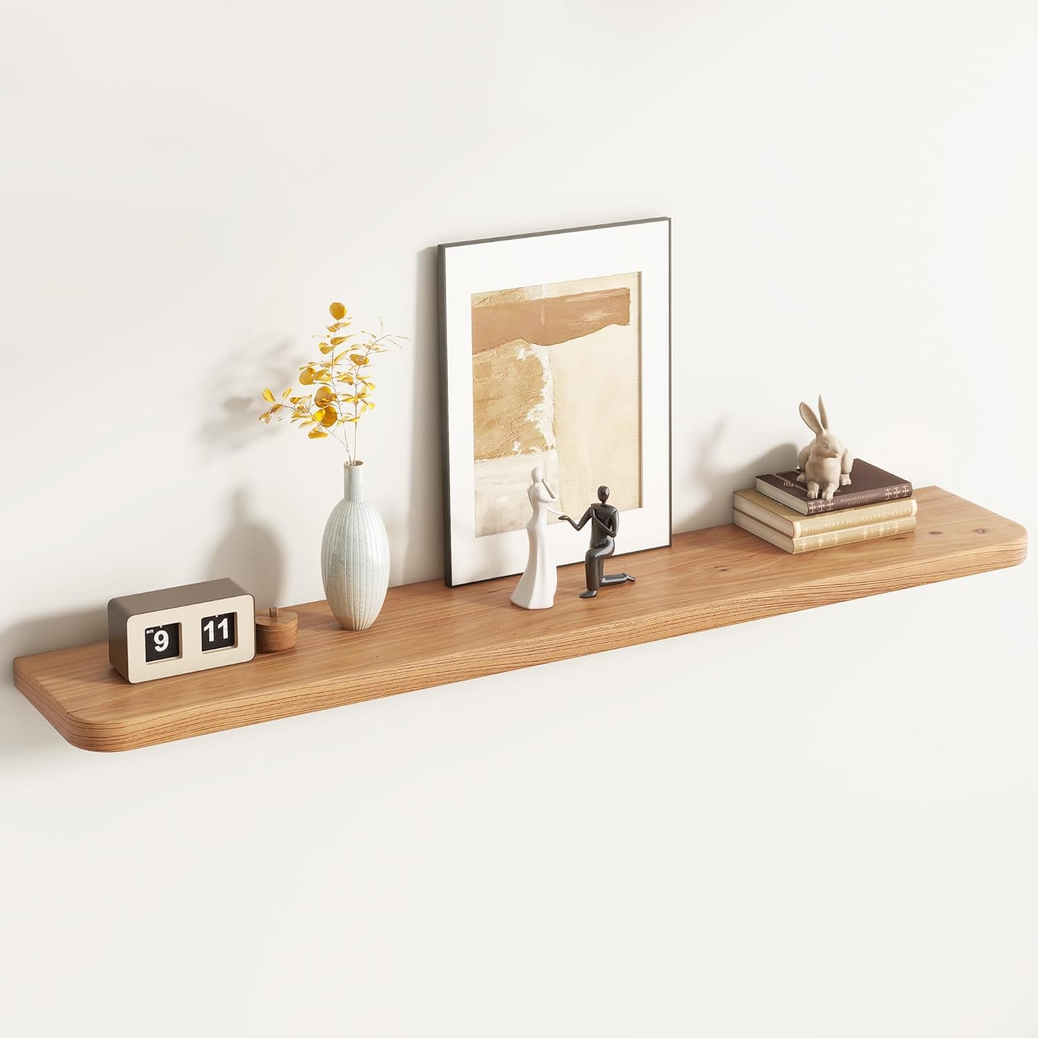 Reclaimed Elm Wood Floating Shelves for Wall Round Edge, 55"W x 9.2"D x 1.37"H, Set of 1 with Invisible Bracket, Wall Mounted Shelves for Living Room Bedroom Kitchen Bathroom Decor, Natural Finish